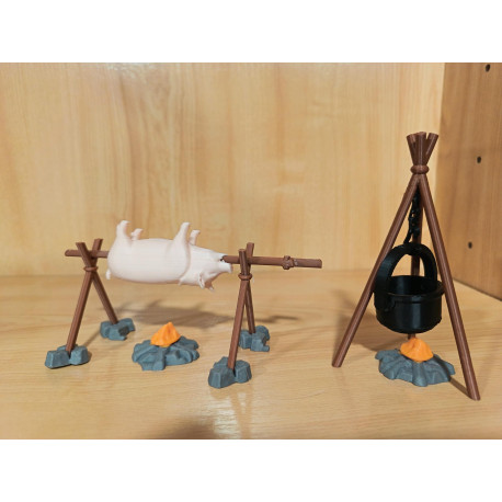 PLAYMOBIL ACCESORIOS BELEN , CERDO COCIINANDO MAS CALDERO CON LUMBRE